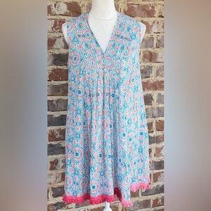 Sleeveless Printed Shift Dress with Coral Fringe